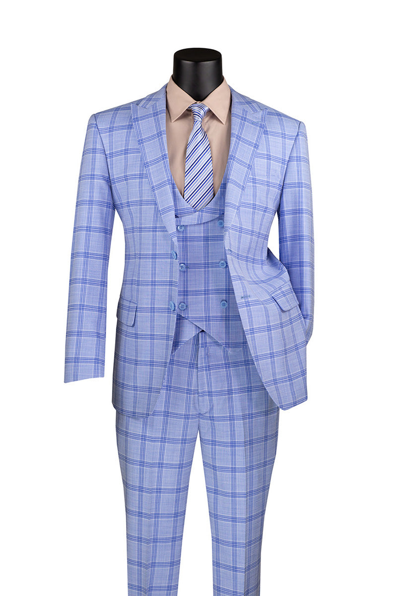 A light blue windowpane pattern 3 piece suit with a U-Neck vest displayed on a mannequin.
