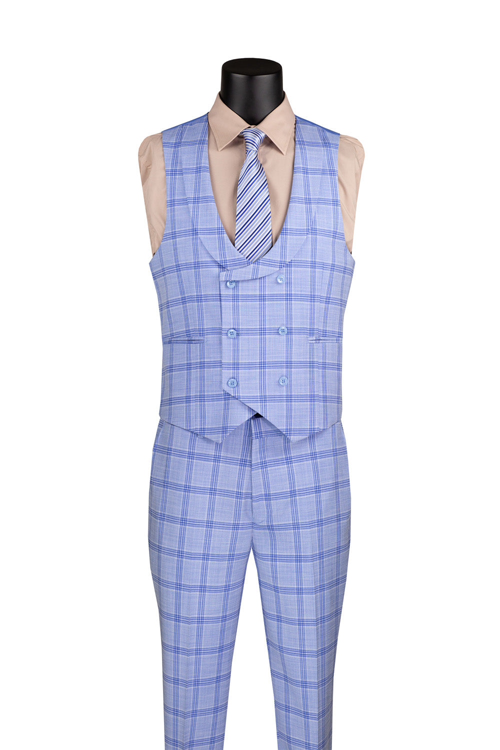 Luxury Vinci modern fit light blue windowpane 3-piece suit detail, showing U-neck vest and premium tie.