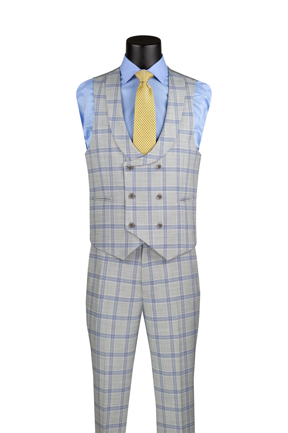 Vinci men's elegant modern fit light gray windowpane 3-piece suit with U-neck vest and tie.