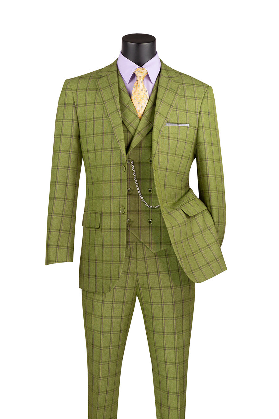 Lazio Collection - Modern Fit Windowpane Suit 3 Piece in Moss Green