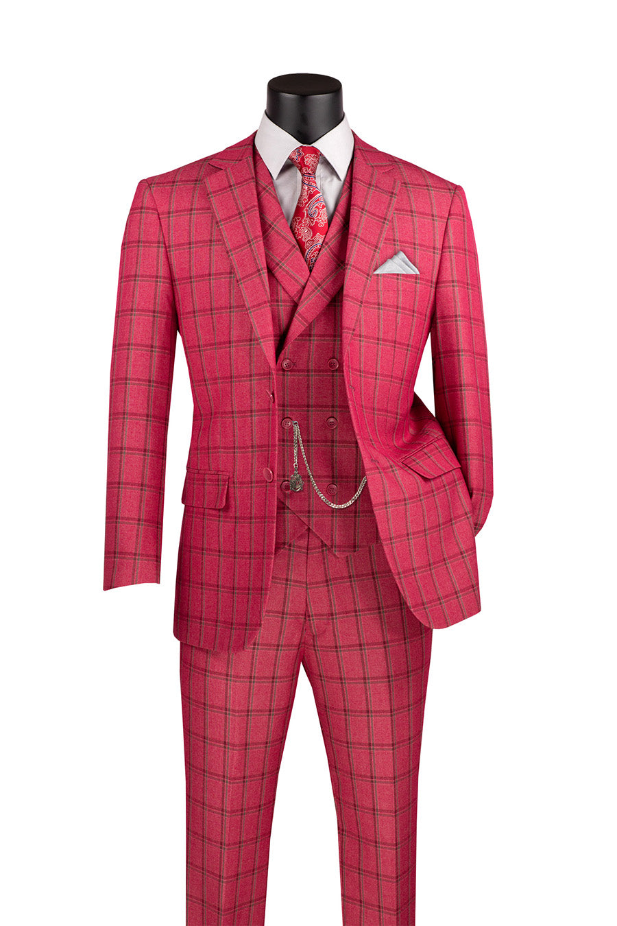 A 3-piece windowpane suit in raspberry color, consisting of a blazer, vest, and pants, displayed on a mannequin.
