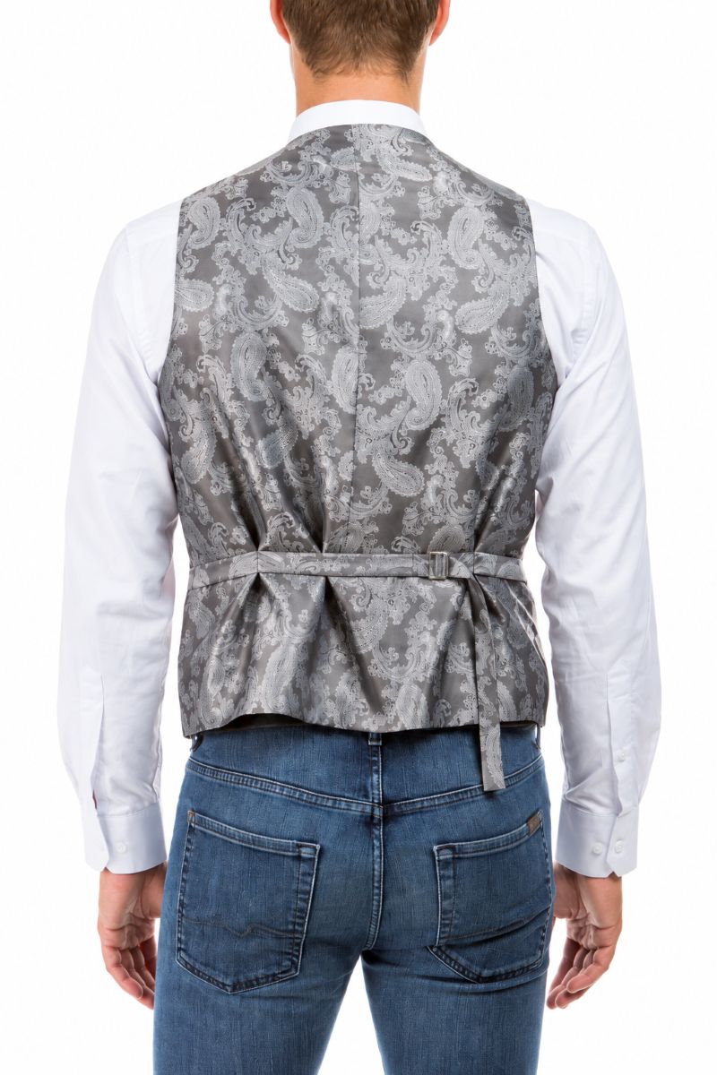 A gray waistcoat vest with a light gray paisley pattern, featuring a self-tie belt with a small metal buckle at the back, shown flat on a white background.