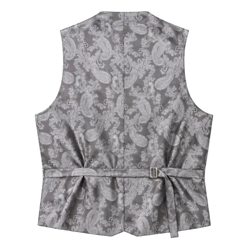 A gray waistcoat vest with a white paisley pattern, featuring a tie belt with a small silver buckle, shown flat on a white background.