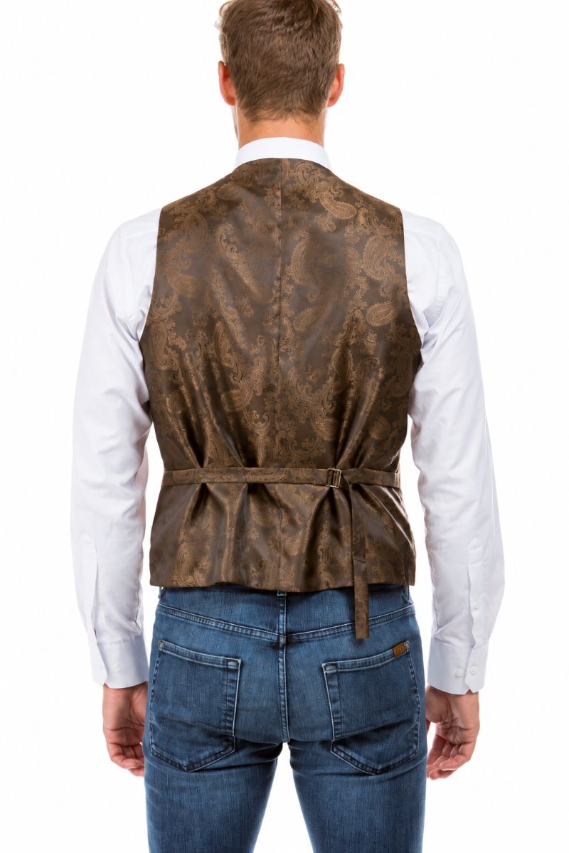A brown waistcoat vest with a paisley pattern, featuring a tie belt with a small gold buckle at the back, shown against a plain white background.