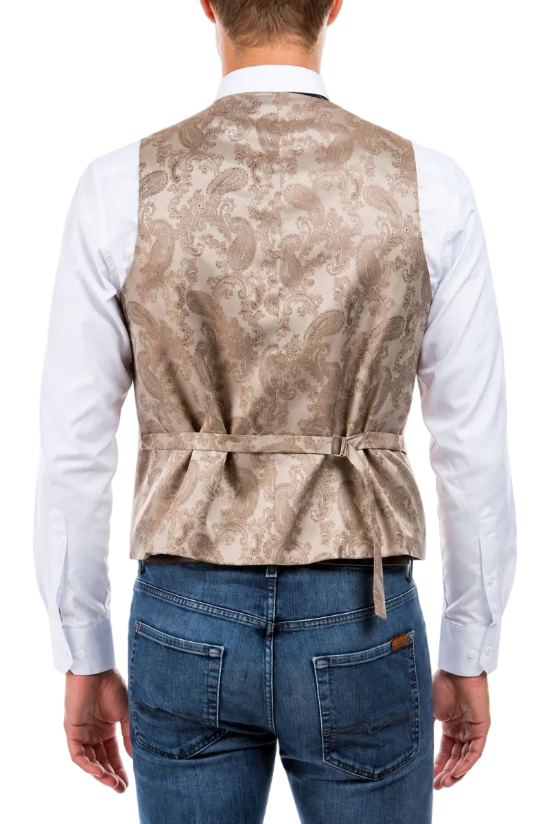 A sleeveless waistcoat vest with a beige and brown paisley pattern, featuring a matching tie belt at the waist, shown against a plain white background.