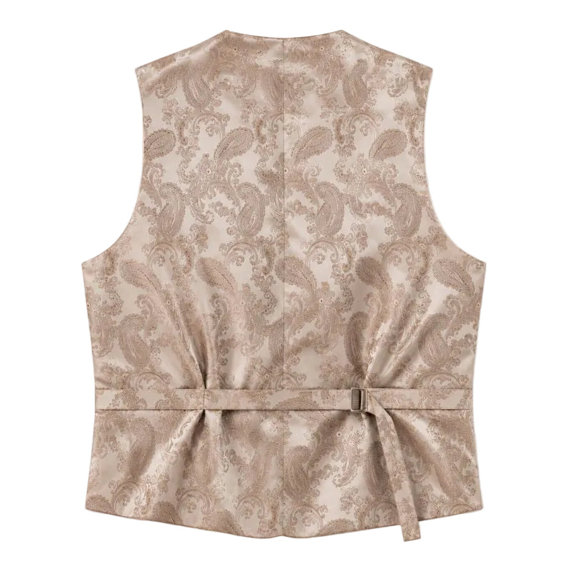 A sleeveless waistcoat vest with a matching self-tie belt, featuring a beige and brown paisley pattern on a satin-like fabric, shown flat against a white background.