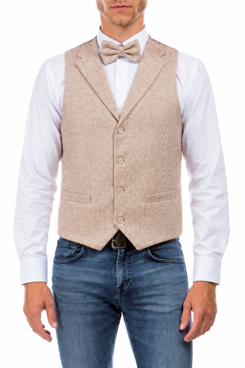 Men’s Hybrid Fit Tweed Vest with Paisley Back - Beige