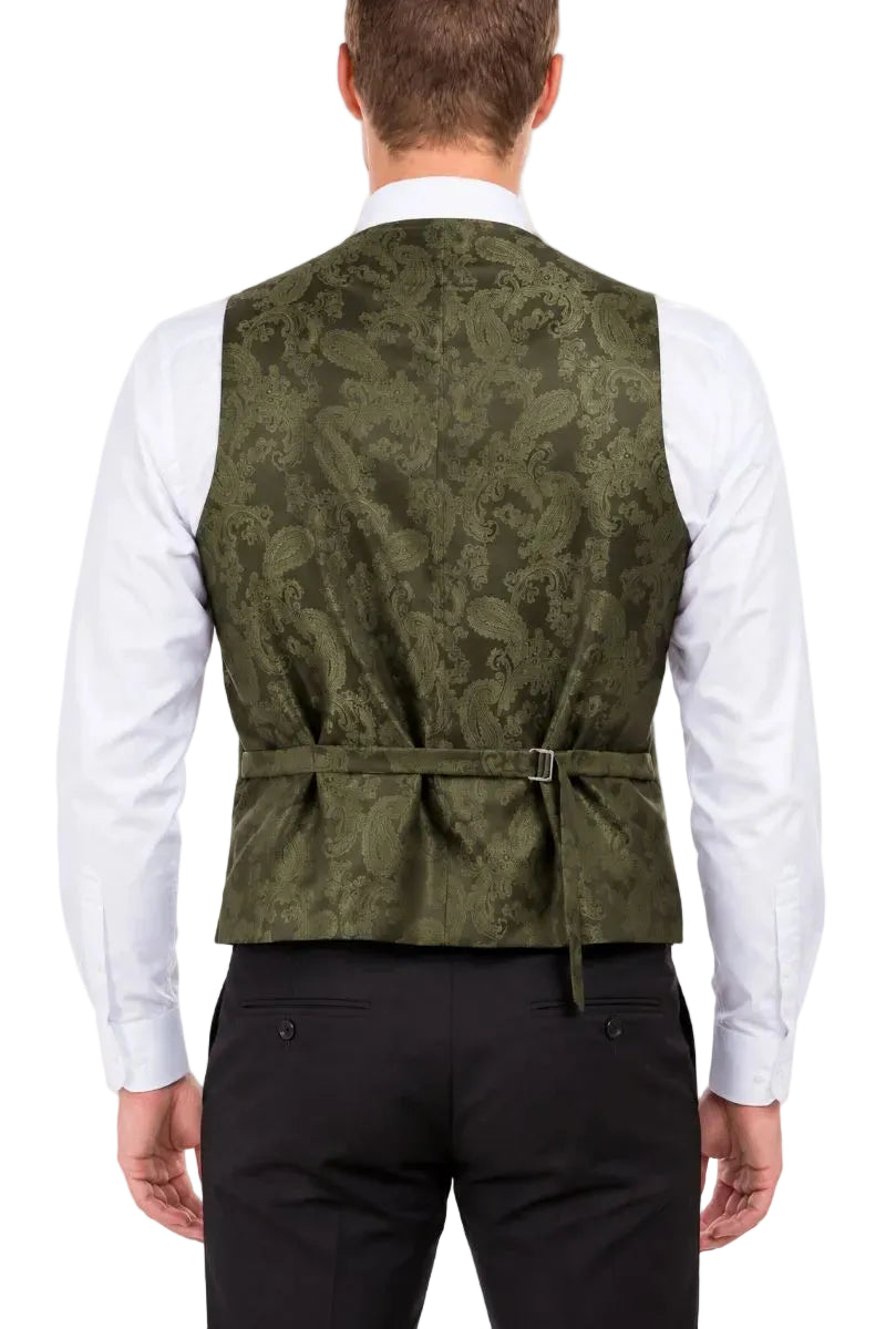 A man viewed from the back wearing an olive green patterned waistcoat over a white dress shirt and black trousers, against a plain white background.