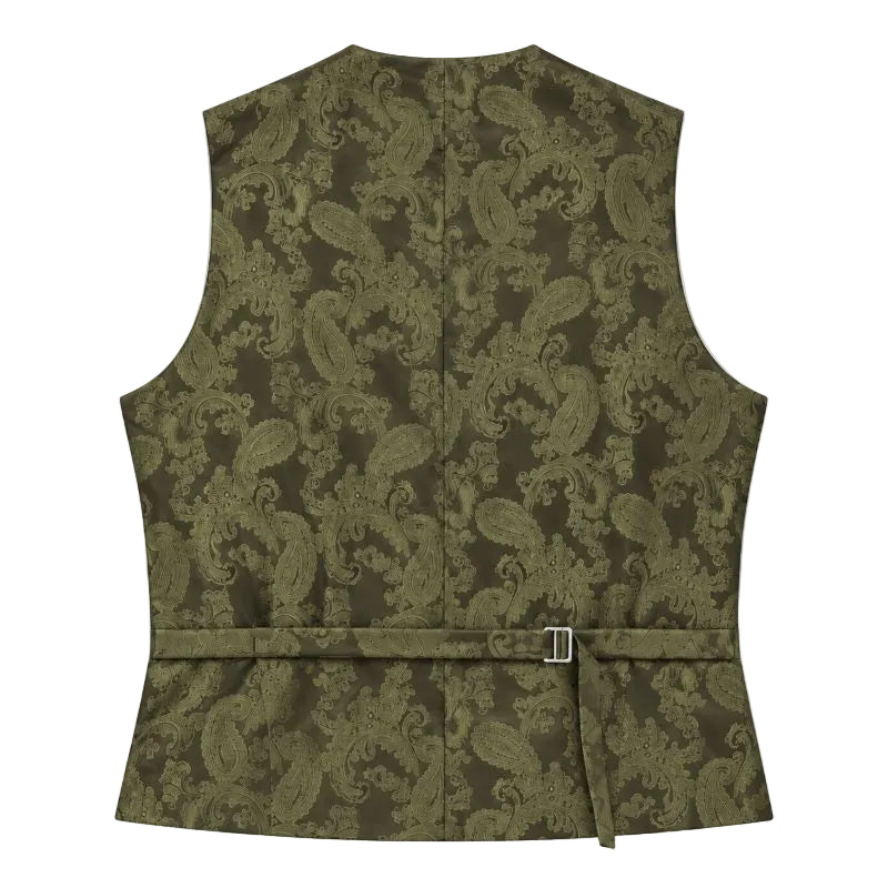An olive green waistcoat with an intricate paisley brocade pattern, featuring a matching tie belt with a silver buckle, shown flat against a white background.
