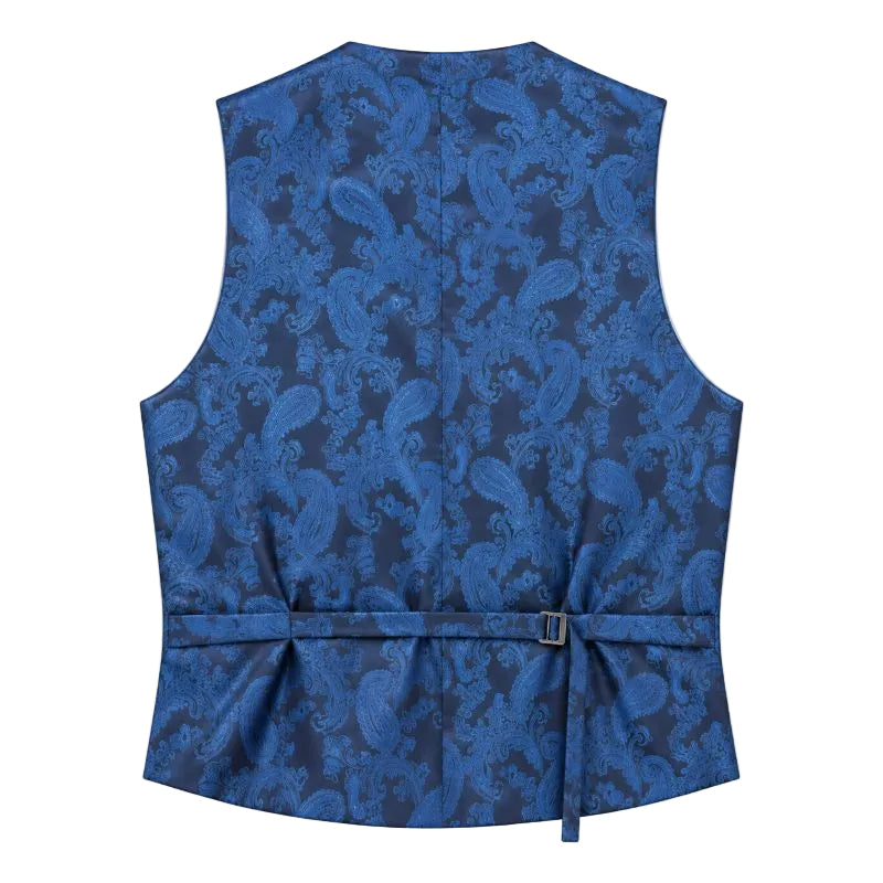 A blue and navy paisley patterned vest with a matching waist tie and small gold buckle, shown flat against a white background.