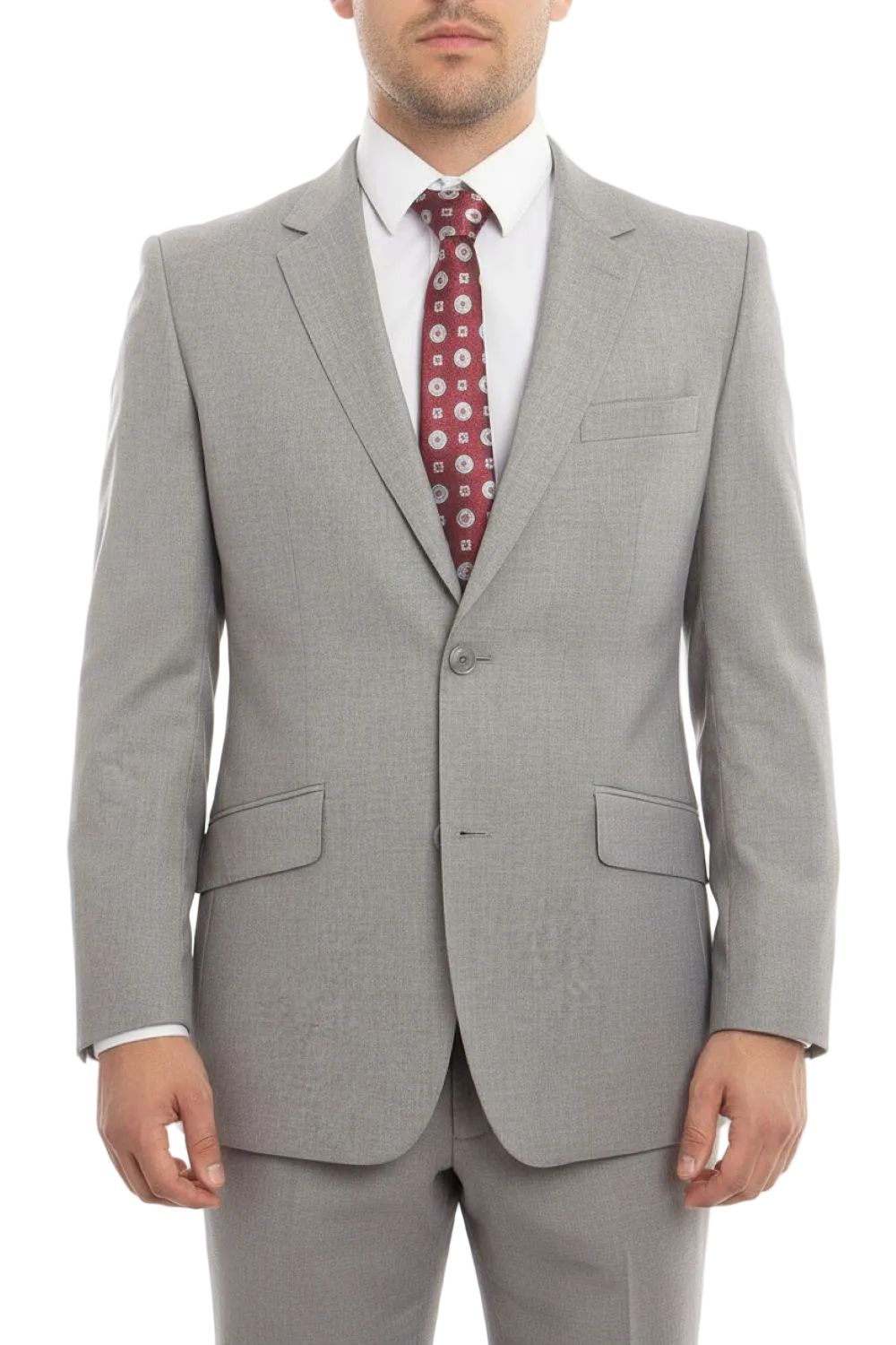 Gray suit with a white shirt and red patterned tie on a white background