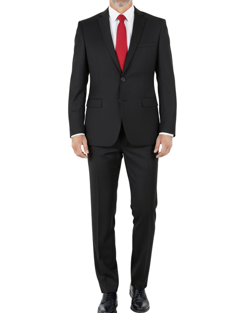Man wearing a black suit with a red tie on a white background