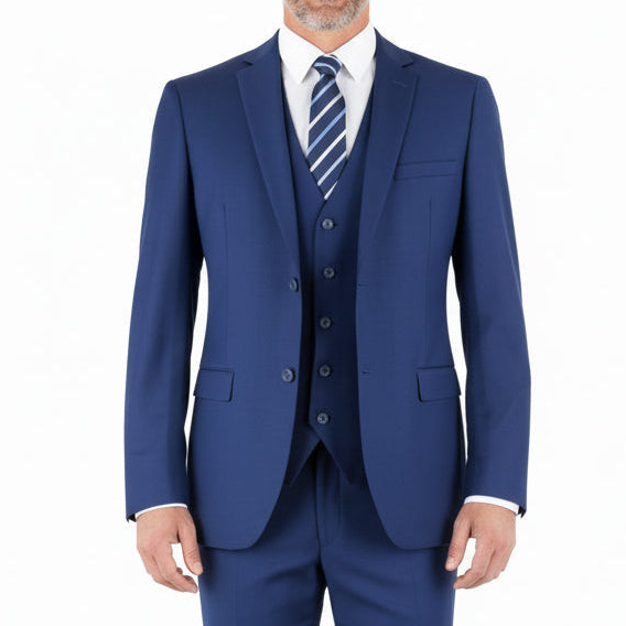 A solid Dark Blue Regular Fit 3 Piece Notch Lapel Suit from Hudson Collection, displayed with a tie.