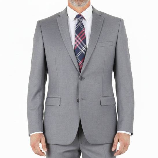 Gray suit with a plaid tie on a white background