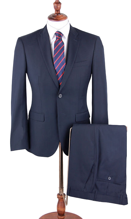 Navy blue suit with a striped tie on a wooden stand against a white background