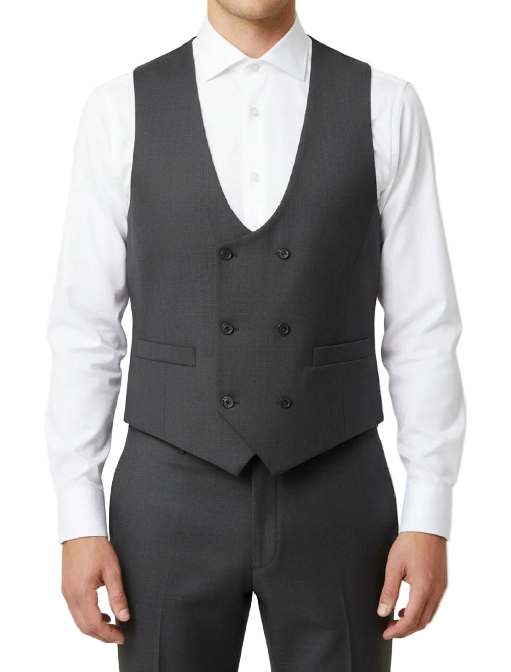 Gray vest over a white shirt on a plain background