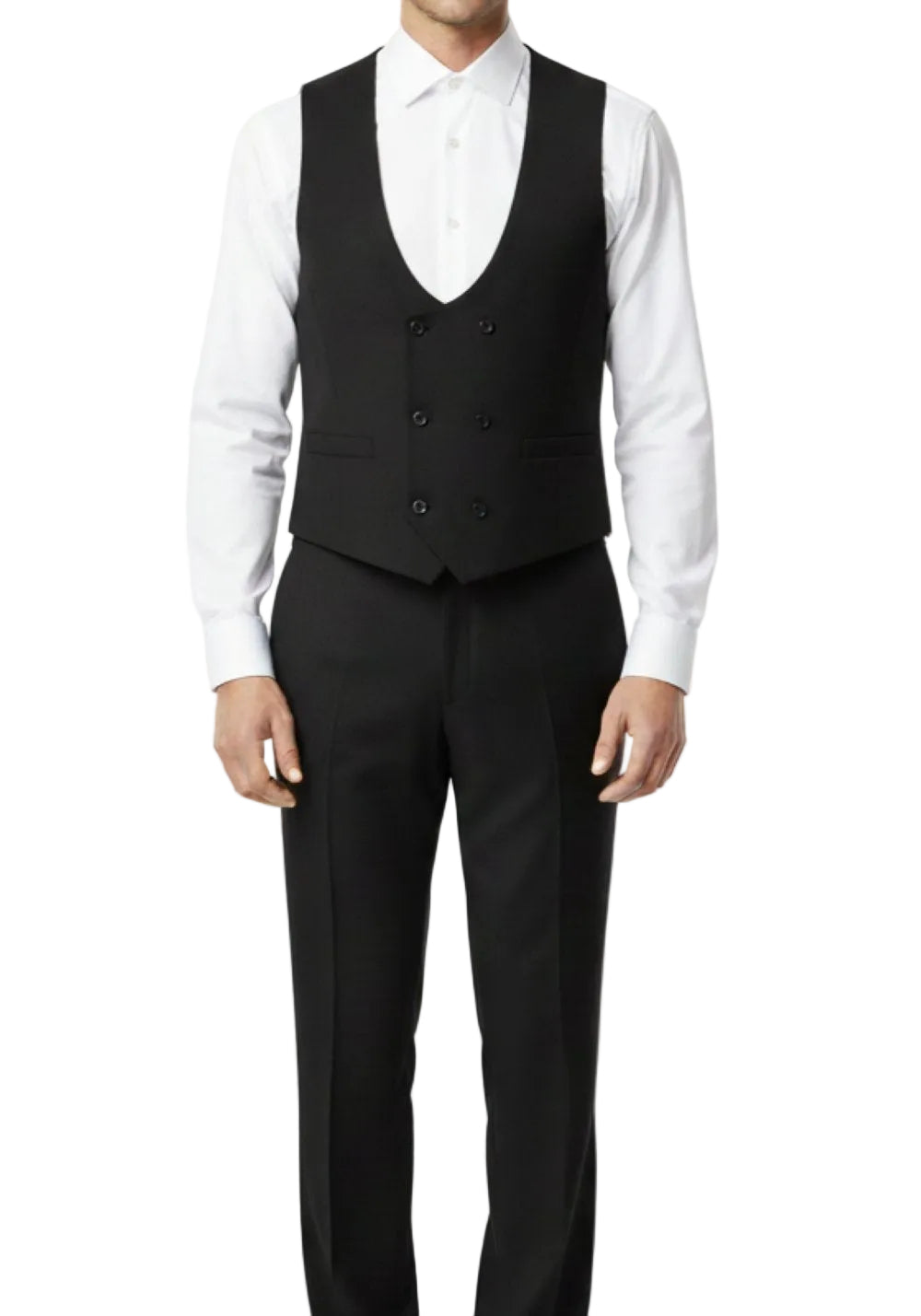 Man wearing a black vest over a white shirt on a white background