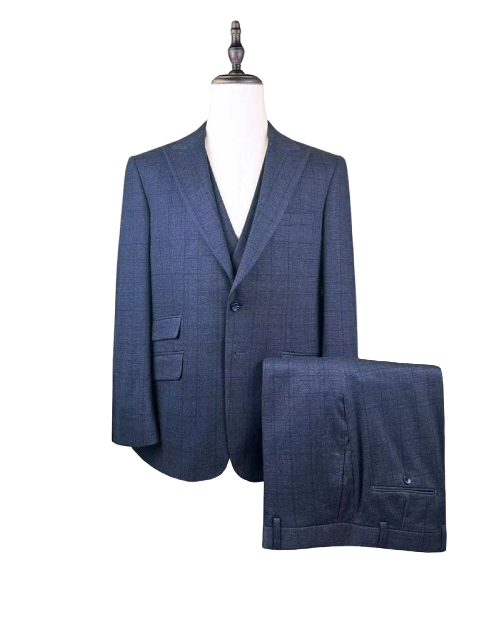 Blue checkered suit on a mannequin against a white background