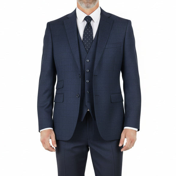 Navy Glen Plaid 3 Piece Regular Fit Suit by Maeza, displaying its checkered pattern and a tie.