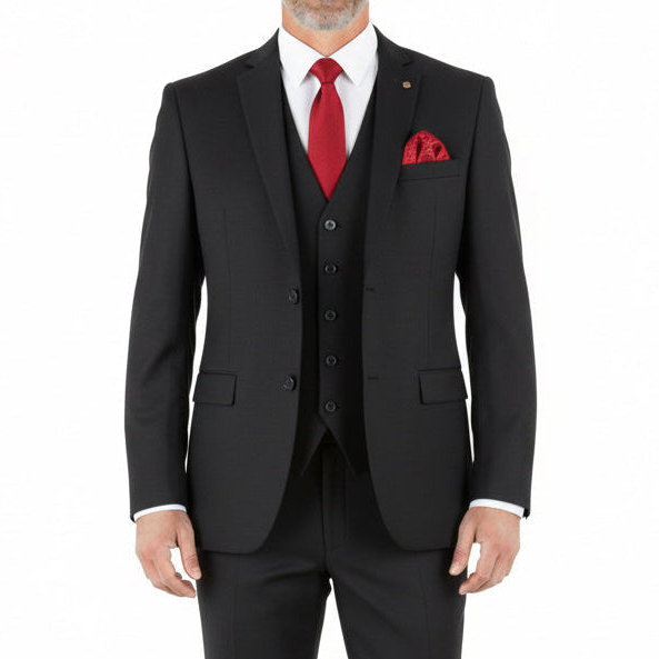Solid black Maeza Hudson Collection regular fit 3 piece suit jacket, featuring notch lapels and a tie.