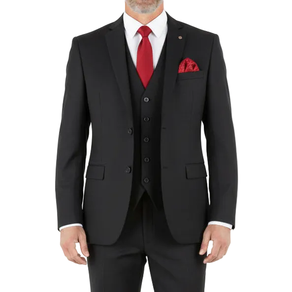 Solid black Maeza Hudson Collection regular fit 3 piece suit jacket, featuring notch lapels and a tie.