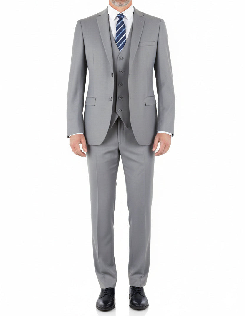 Close-up: Luxurious Maeza light gray regular fit 3-piece men's suit with a refined notch lapel, showcasing premium fabric.