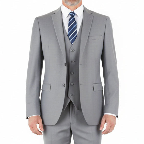 Solid light gray Hudson Collection regular fit 3 piece notch lapel suit with tie.