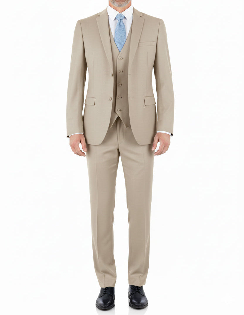 Close-up of a luxurious sand suit's premium fabric, elegant notch lapel, and meticulous stitching.