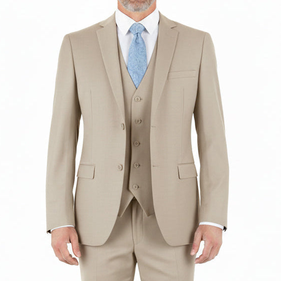 Maeza Hudson Collection Sand Regular Fit 3 Piece solid notch lapel suit jacket with a tie.