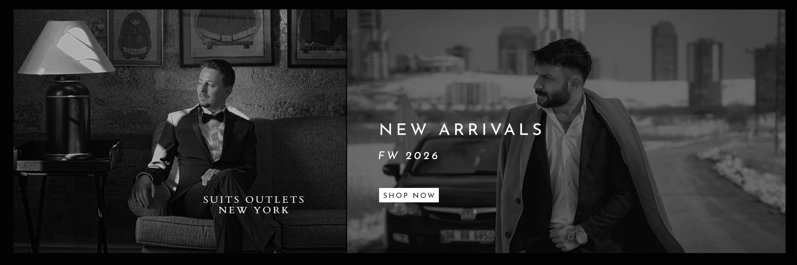 A split-screen black and white promotional banner for 'Suits Outlets New York' showing two men in formal menswear. The left side shows a man sitting in an armchair wearing a tuxedo, with a lamp and framed pictures in the background.