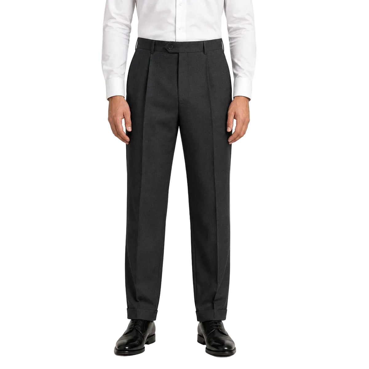 Full view of charcoal men's regular fit pleated pre-hemmed dress pants with cuffs