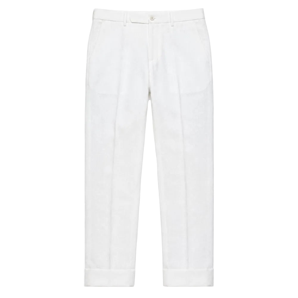(44W) White Linen Regular Fit Cuffed Pants