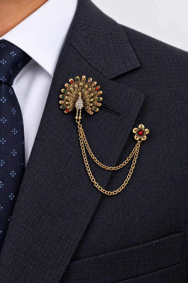 Black/Gold Diamond Rhinestone Peacock Double Chain Brooch