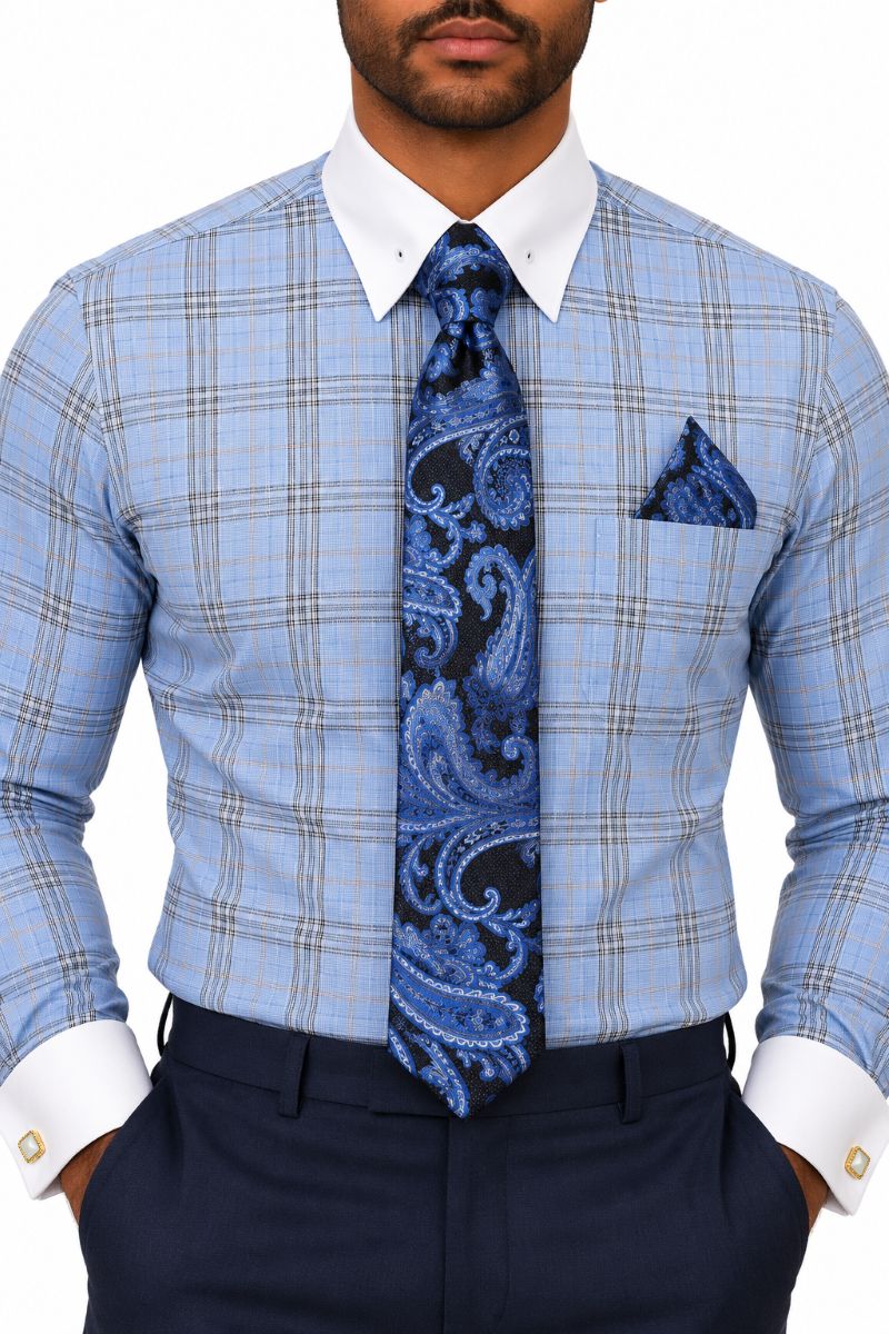 (15½ 33/34) Light Blue Regular Fit Plaid Dress Shirt Set