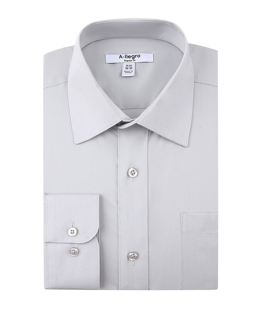 Solid Slim Fit Cotton Convertible Cuff Dress Shirt In Gray showing collar and buttons.