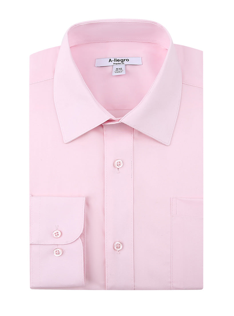 A solid Slim Fit Cotton Convertible Cuff Dress Shirt In Pink, showing the collar, buttons, and sleeves.