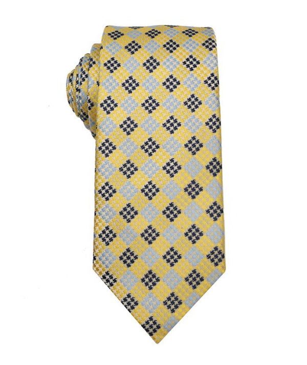 A yellow necktie with a repeating argyle pattern of black and light gray diamonds, shown on a plain white background.