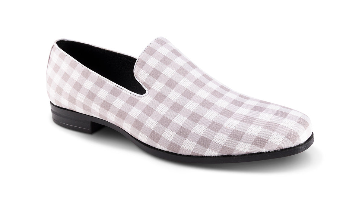 Montique Ash Gray checkered printed loafer shoe, displaying the full shoe and checkered pattern on the upper.