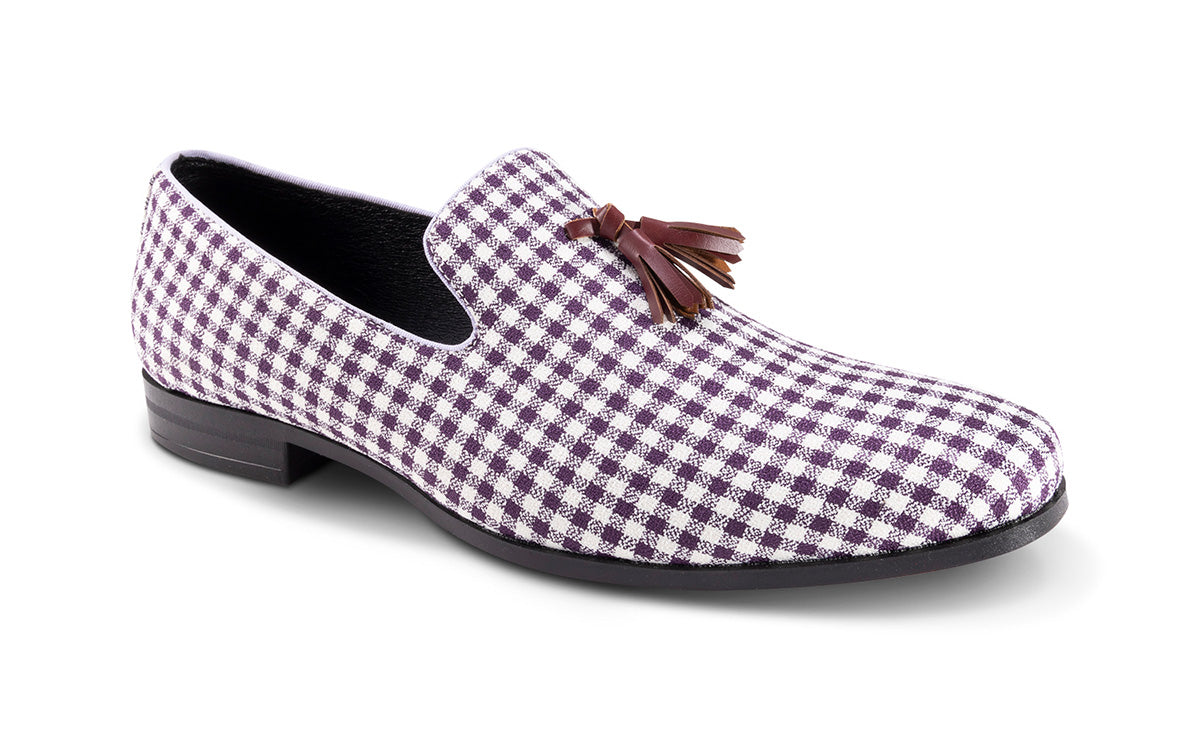 Men's Plum checkered tassel loafer shoe by Montique, showing the checkered pattern and tassels.