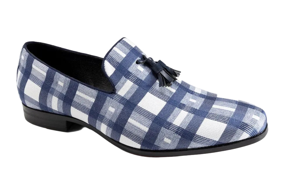 Navy Plaid Casual Slip On Loafers, displaying the plaid upper, dark sole, and visible stitching around the vamp.
