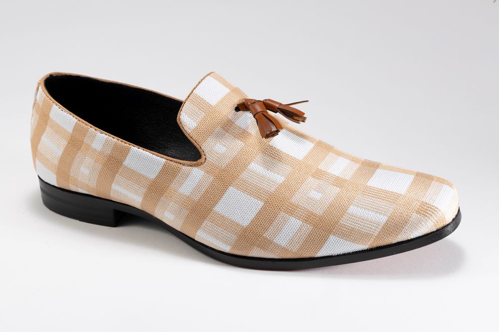 Montique Tan Plaid Casual Slip On Loafers. Pair of shoes showing tan plaid pattern and slip-on style.