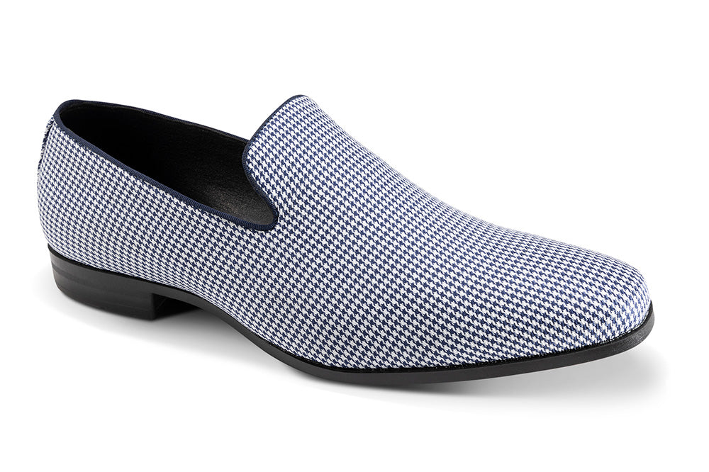 Montique Navy Loafer shoe with a mini-houndstooth pattern.