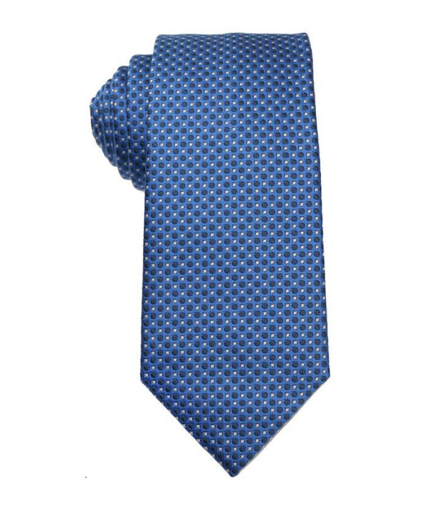 A blue necktie with a small white geometric pattern, shown folded on a plain white background.