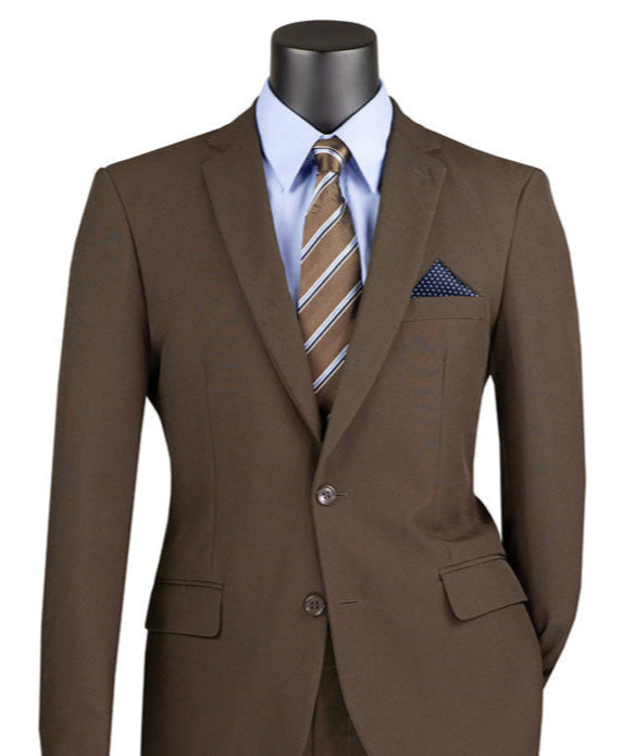 Vinci solid brown slim fit blazer, showing collar, a button, a pocket, and a tie.