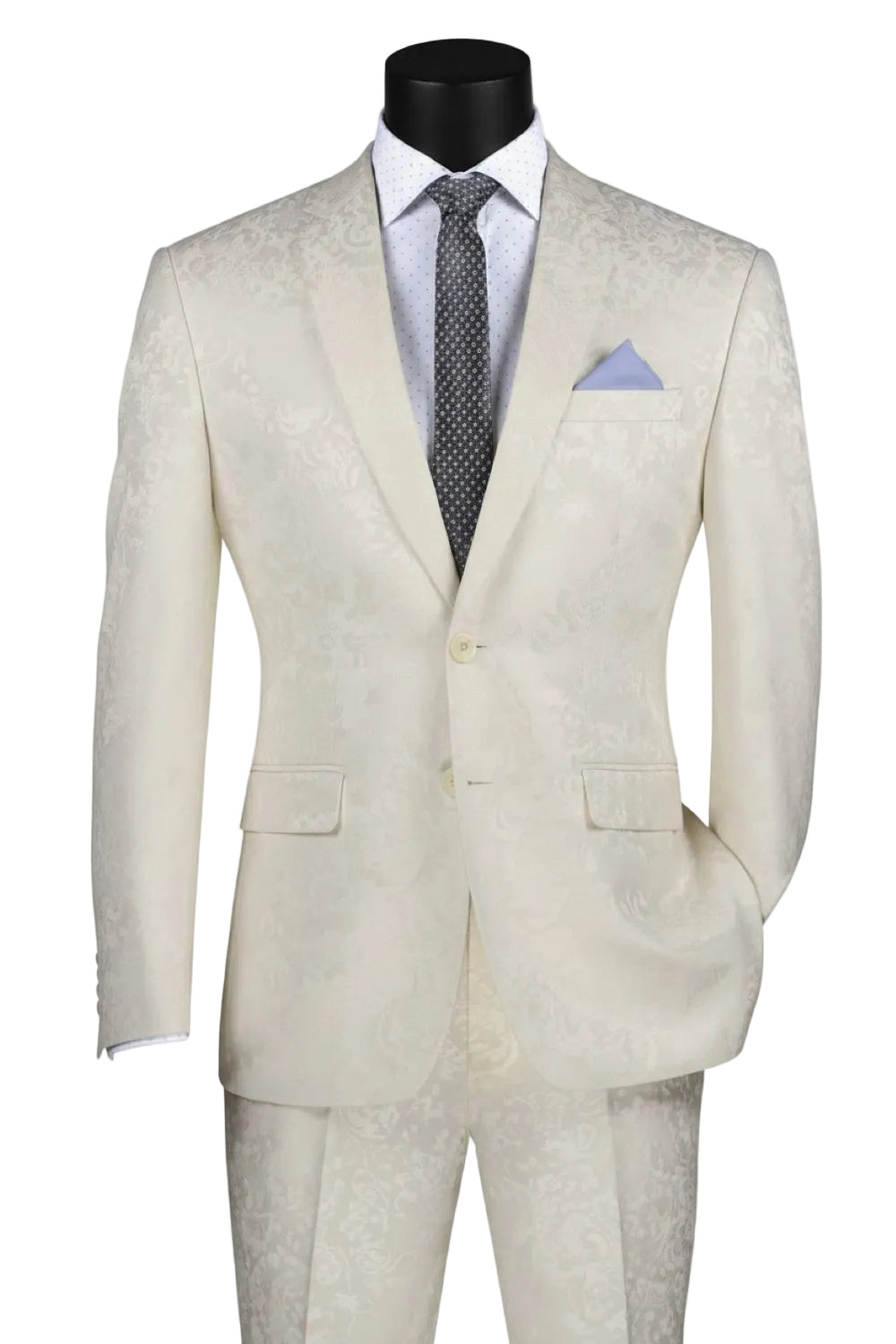 Ivory Tone on Tone Paisley Pattern Slim Fit Men's 2 Piece Suit 2 Button