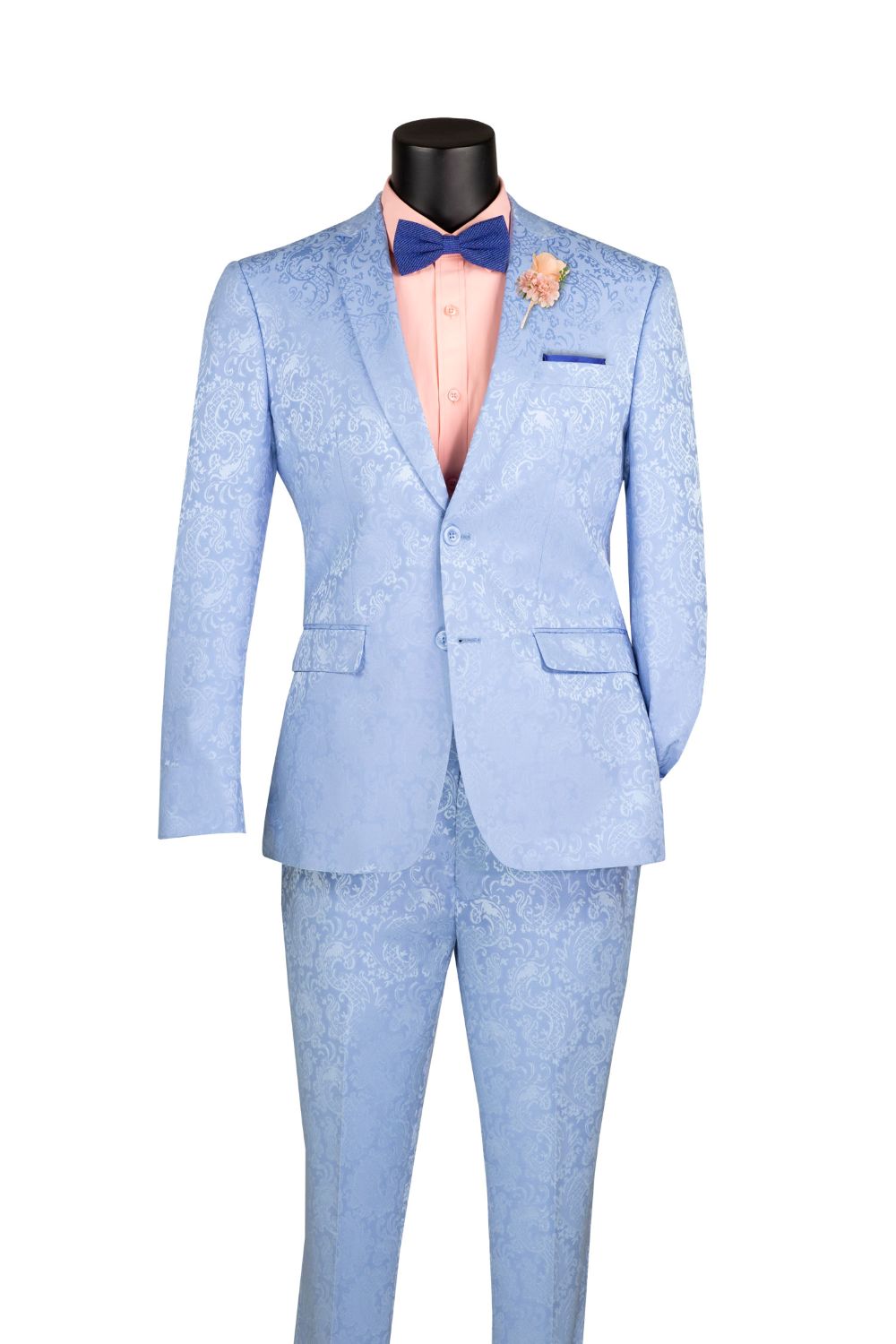 Light Blue Tone on Tone Paisley Pattern Slim Fit Men's 2 Piece Suit 2 Button