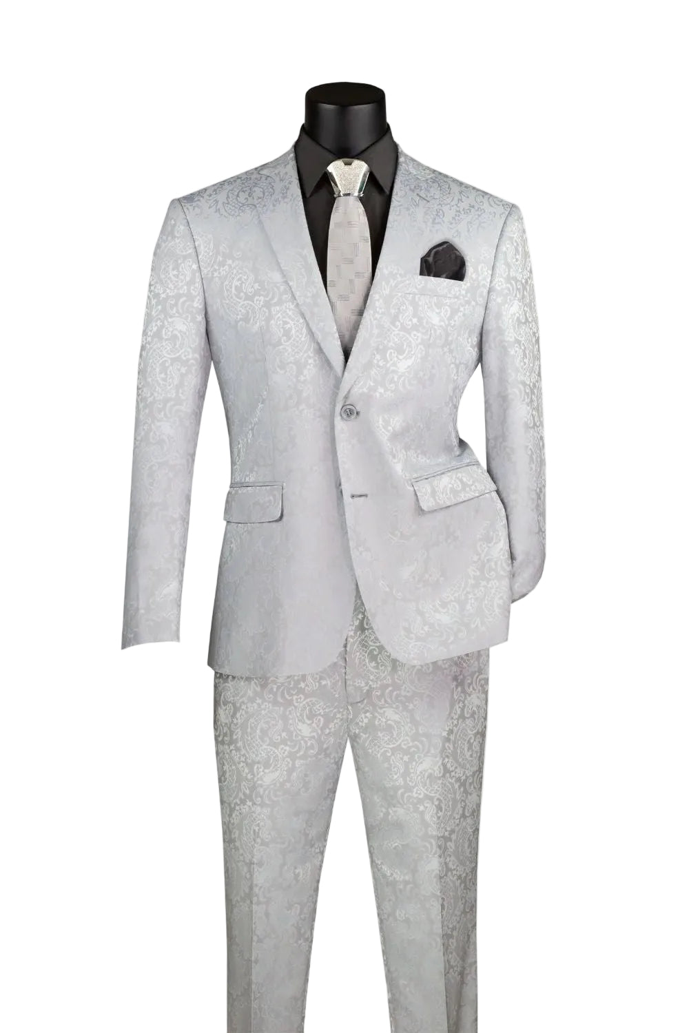 Silver Tone on Tone Paisley Pattern Slim Fit Men's 2 Piece Suit
