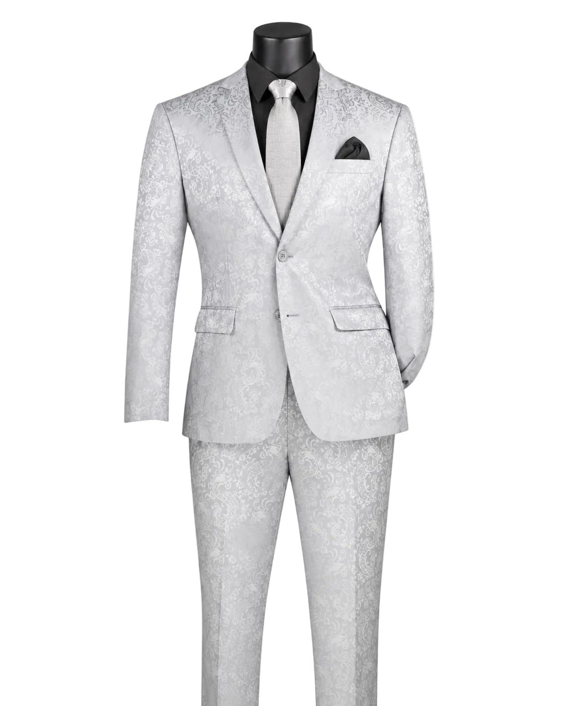 Silver Tone on Tone Paisley Pattern Slim Fit Men's 2 Piece Suit