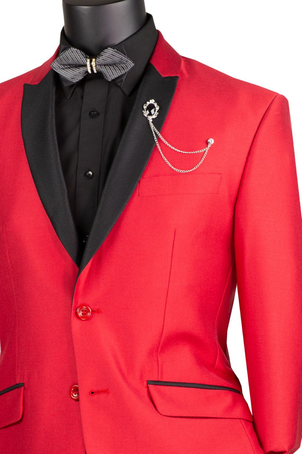 Close-up of a luxurious red slim fit sharkskin suit, highlighting the fabric's sheen and neckwear options: tie or bowtie.