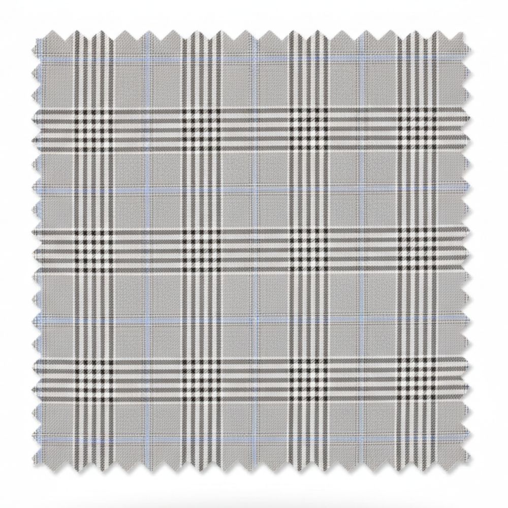 Fabric swatch with a gray and black plaid pattern on a white background